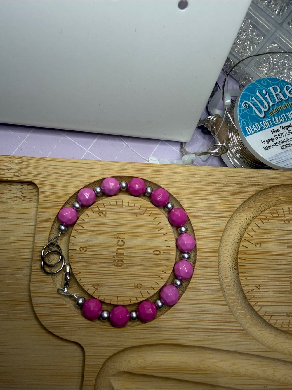 Pink metal Beaded Bracelet with Silver Accents
